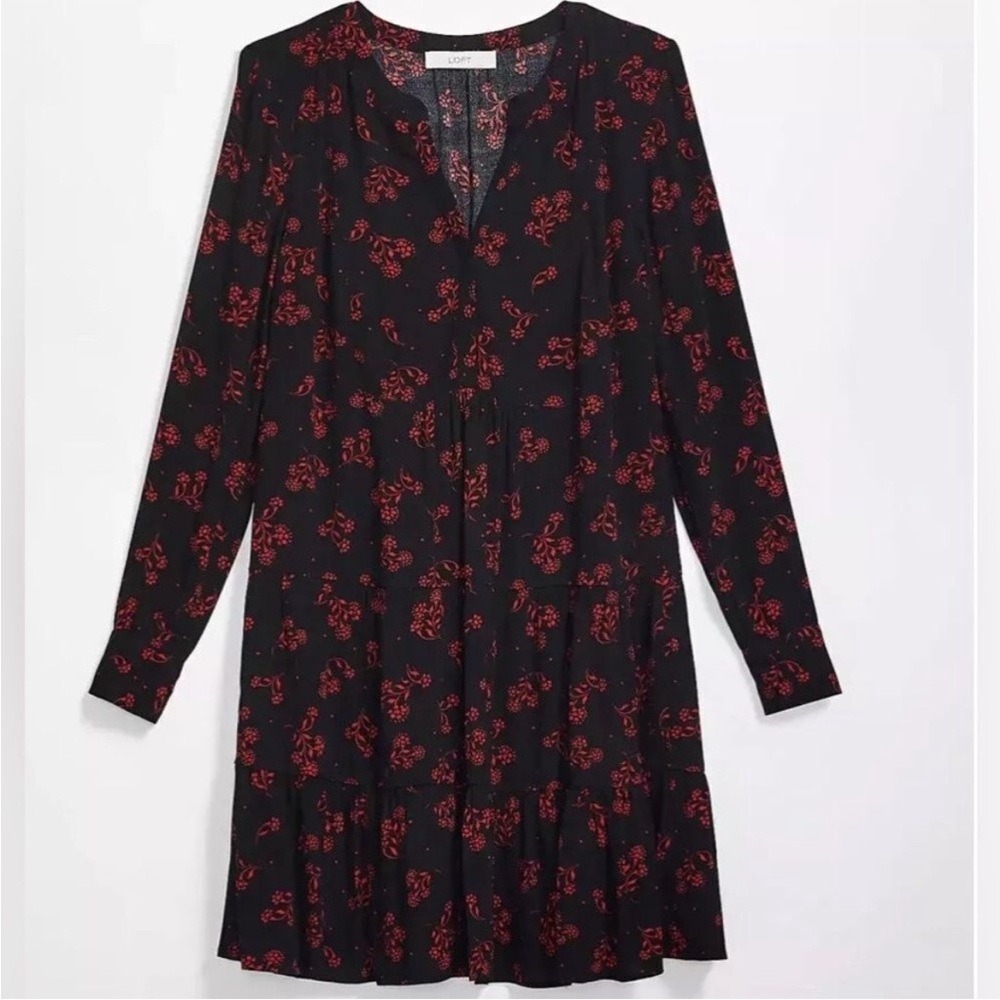 Ann Taylor LOFT | Garden Split Neck Swing Dress Floral Red Black Tiered Babydoll - Picture 10 of 11